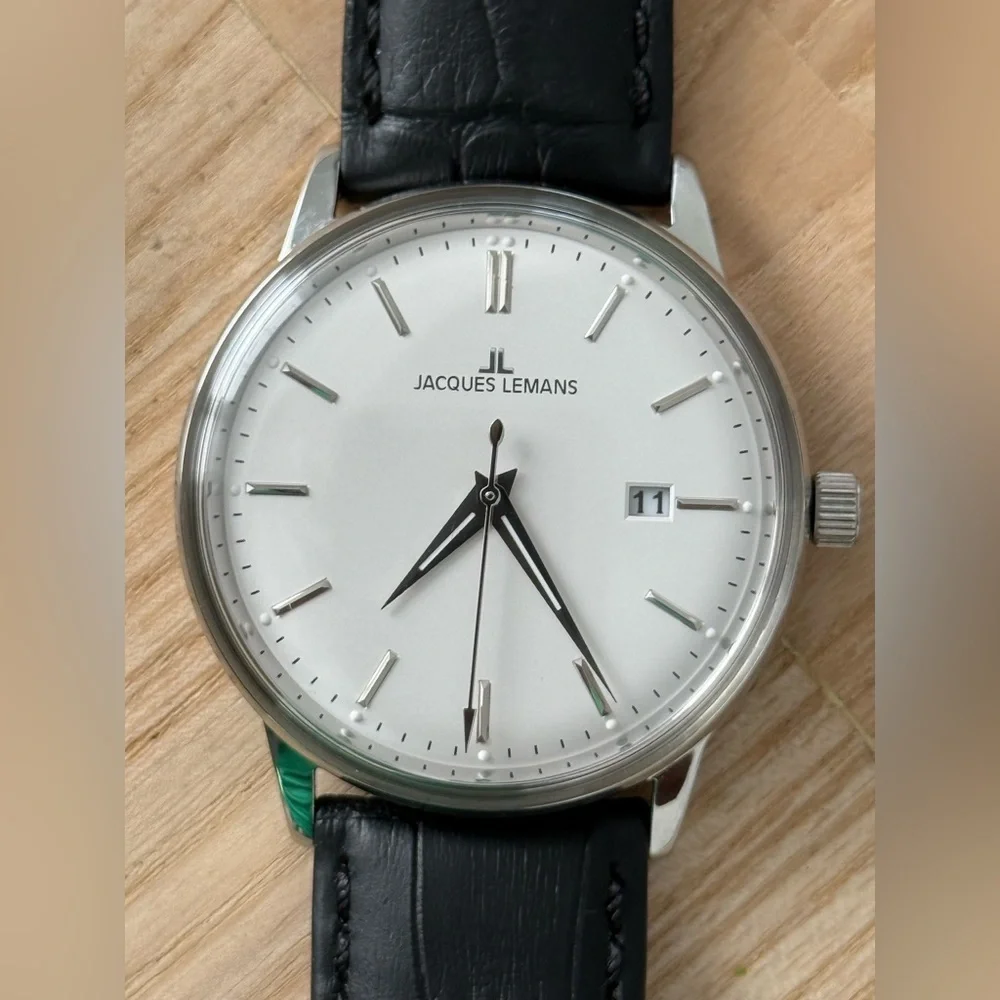 Jacques Lemans New Luxury Men’s Watch Large White Dial Stainless Case Leather
